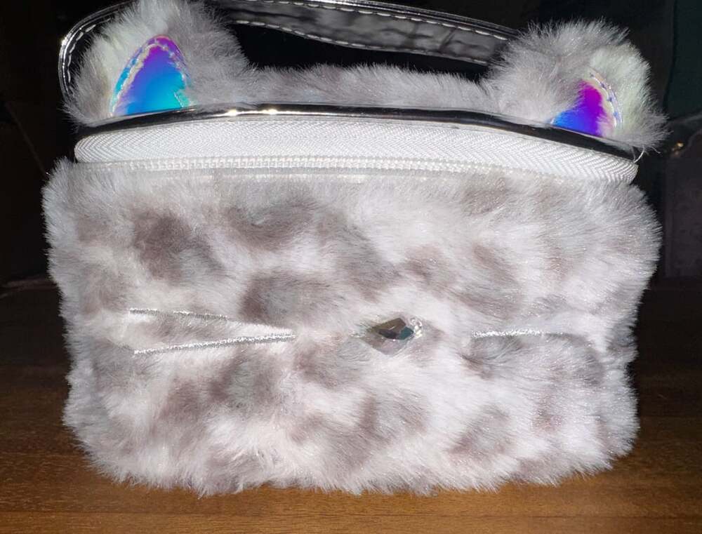 Claire's Fluffy Snow Leopard Cat Face Cosmetic Bag With Ears